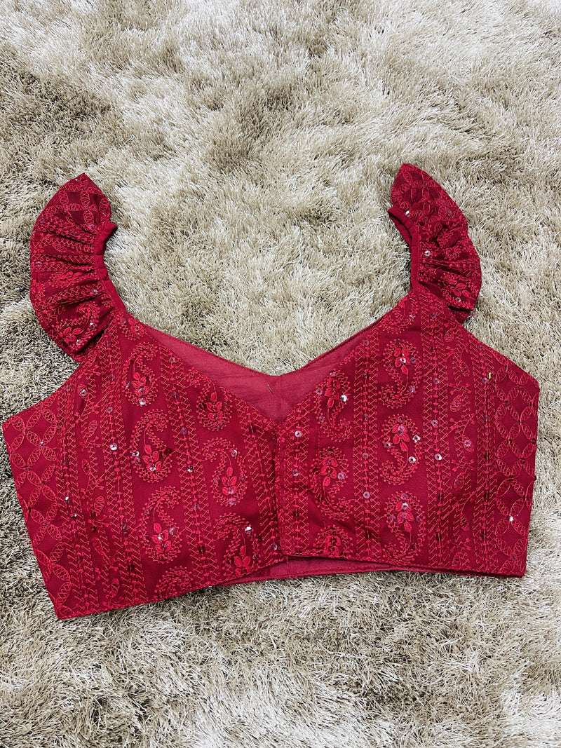 Maroon Frill Sleeves Lakhnavi Blouse