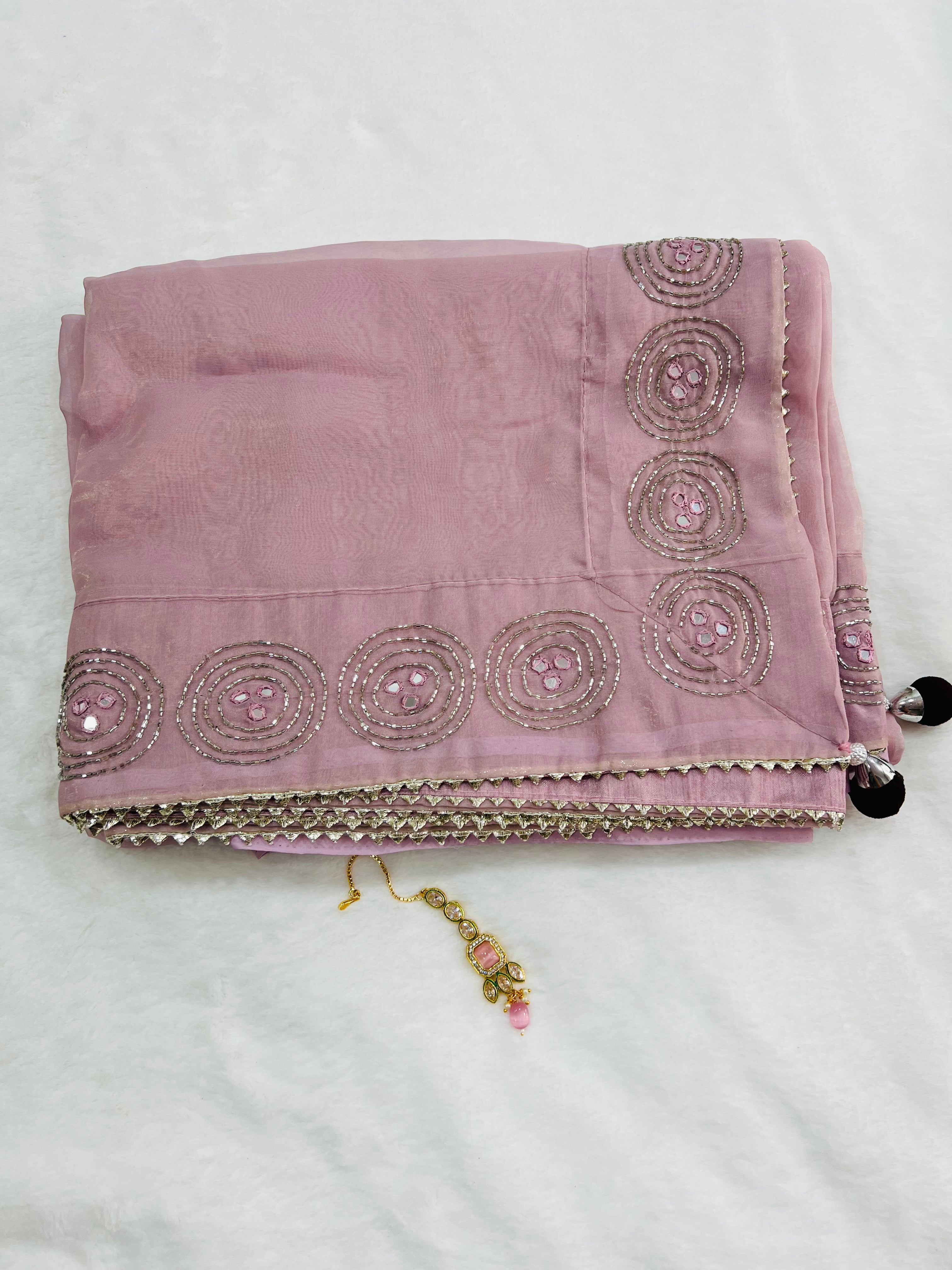 Baby pink organza handwork saree