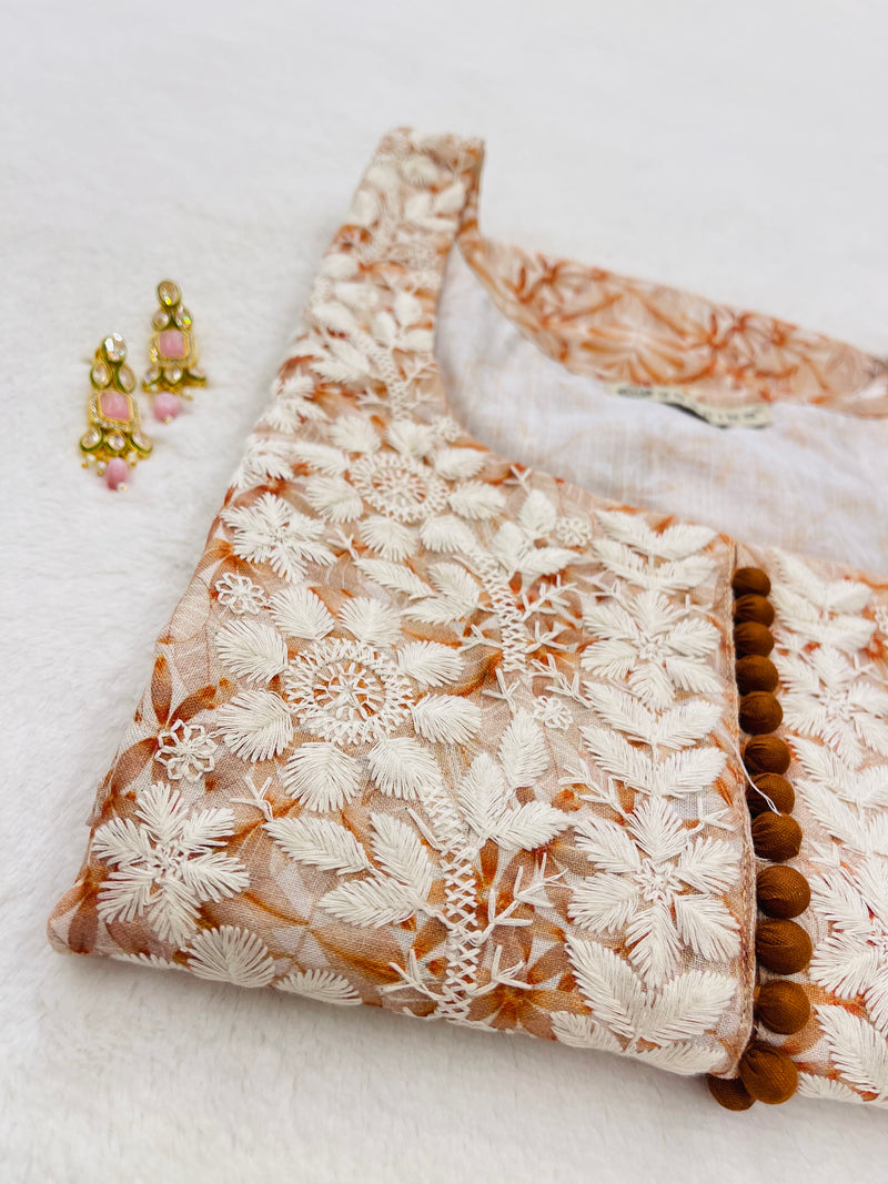 Peach chikankari straight kurti