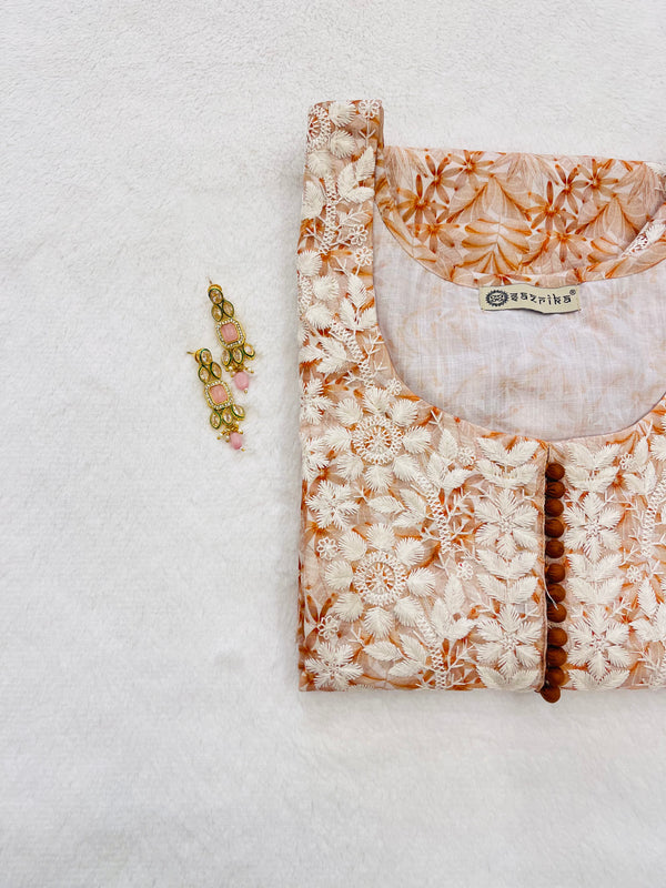 Peach chikankari straight kurti