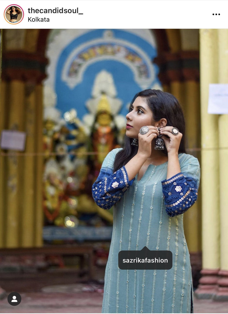 Navy Blue Georgette Lucknowi Chikankari Kurti with Beautiful Mirror Em –  Inayakhan Shop